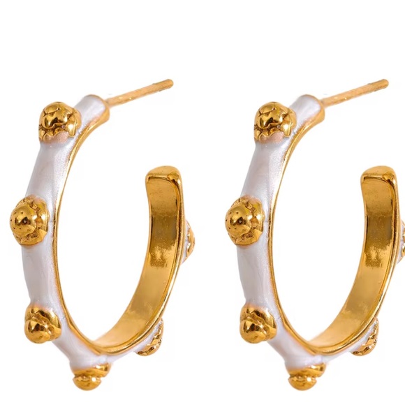 Gold and White Hoop Earrings - Picture 1 of 1